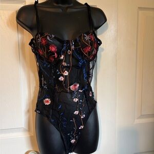 La Vie En Rose Black Sheer Embroidered Floral Bodysuit